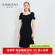 恩曼琳（ANMANI）恩曼琳春夏方領(lǐng)泡泡袖收腰荷葉邊小黑裙茶歇連衣裙EANCAI04 黑色-預(yù)售7天 S-預(yù)售7天