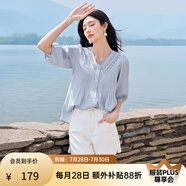 香影【王楚然明星同款】白色娃娃衫上衣女夏含亞麻小衫淡人薄v領(lǐng)襯衫 藍色 L 165/88A/110-125斤