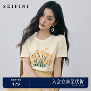 詩(shī)凡黎（'SEIFINI）詩(shī)凡黎甜美花朵重工圖案T恤2025夏新款時(shí)尚百搭溫柔寬松顯瘦上衣 淡黃 M