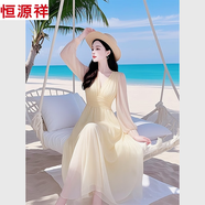 恒源祥2025新品黃色雪紡連衣裙女春夏海邊度假風(fēng)法式約會釣系氣質(zhì)長裙子 淡黃色連衣裙 建議155cm以上身高 XL 建議125-135斤