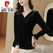 皮爾卡丹（pierre cardin）金絲絨打底衫女春秋2025新款長(cháng)袖t恤女收腰遮肚子裙擺小衫上衣女 黑色 M 80-94斤