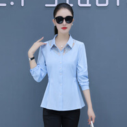 啄木鳥(niǎo)蕾絲衫條紋長(cháng)袖襯衫春夏裝新款韓版時(shí)尚雪紡上衣女百搭襯衣女士 藍色 S _80-88斤