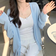 花語志外搭開衫夏季薄款上衣女外套高級感空調(diào)衫輕薄針織衫配吊帶裙子 寬松純色長袖薄開衫【藍(lán)色】 均碼 【建議體重90-120斤】