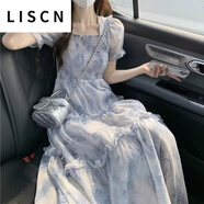 LISCN連長裙夏季溫柔風茶歇法式桔梗氣質仙女超仙收腰方領碎花連衣裙子 藍色 3XL 145-160