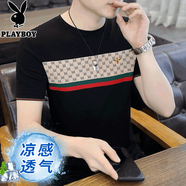 花花公子（PLAYBOY）冰絲t恤男士高端針織衫短袖夏季2025新款夏裝半袖上衣潮流男體恤 1612黑色 L 175/88A