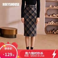 ROEYSHOUSE羅衣氣質(zhì)毛呢半身裙女冬裝新款復(fù)古咖格修身包臀裙03507 咖格 2XL 不配腰帶