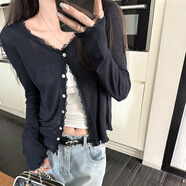 九寸陽(yáng)光蕾絲花邊開(kāi)衫女新款韓版修身顯瘦長(cháng)袖防曬針織開(kāi)衫外搭上衣 藏青色開(kāi)衫 M