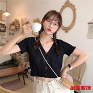 佐菲黛春夏網紅韓版薄款上衣短款泫雅風短袖V領針織外搭開衫女t恤潮 黑色 均碼