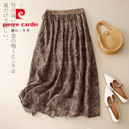 皮爾卡丹（PIERRE CARDIN）碎花苧麻a字半身裙子女春秋棉麻半裙半截裙女裝大尺碼 咖啡色（有內襯） M (80-110斤)