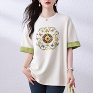 恰凡（QIAFAN）時(shí)尚圓領(lǐng)釘珠印花拼接短袖T恤女2025夏季新中式百搭休閑上衣 米白色 M
