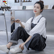 啄木鳥(niǎo)藍色牛仔褲女2025秋裝新款高腰顯瘦韓版洋氣少女背帶褲闊腿連體褲 修身煙灰色背帶褲修/身 S