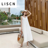 LISCN超美海邊度假風(fēng)白色棉麻提花v領(lǐng)吊帶仙女連衣裙無(wú)袖寬松沙灘裙 白色 S