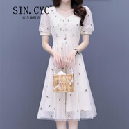SIN.CYC女裝刺繡網(wǎng)紗連衣裙中長款夏季氣質(zhì)性感V領顯瘦溫柔風裙 圖片色 S