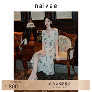 納薇（naivee）【法式中國(guó)風(fēng)】印花V領(lǐng)短袖連衣裙萊賽爾收腰新款花鳥印花連衣裙 米色 S
