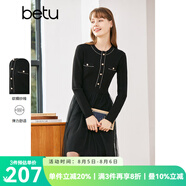 betu百圖女裝秋冬連衣裙小香風(fēng)拼接網(wǎng)紗針織連衣裙收腰修身顯瘦連 黑色 XS