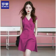 羅蒙（ROMON）紫色V領(lǐng)收腰無(wú)袖連衣裙夏天女2025新款時(shí)尚氣質(zhì)簡(jiǎn)約冷淡系開(kāi)叉裙 玫紅色 M 【建議80-105斤】