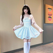 夢(mèng)琪嵐海鹽草莓溫柔甜美風(fēng)粉色針織外搭長(cháng)短款藍格吊帶裙顯瘦氣質(zhì)潮流 粉色開(kāi)衫+短裙(套裝) XL 建議120-135斤