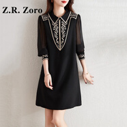Z.R.Zoro奢侈品連衣裙女2025秋季新款時(shí)尚高級感繡花名媛氣質(zhì)顯瘦a字裙女 黑色 XL
