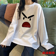 佐菲黛加大碼港味chic春秋內(nèi)搭長袖t恤女套頭上衣寬松慵懶風(fēng)印花體恤潮 Y346白色長袖 M 建議80-115斤)