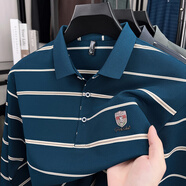 老爺車(chē)（LAOYECHE）男士長(cháng)袖t恤春秋季條紋POLO衫翻領(lǐng)寬松中老年爸爸裝上衣薄款體恤 II-677藍色 L 推薦125-140斤