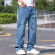 簡徒薄款純棉牛仔褲男寬松直筒闊腿加肥加大碼男裝休閑長褲高腰肥佬褲 淺藍(lán)【無彈】 薄款 34 /2尺7