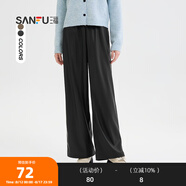 三福休閑褲2024冬季松緊腰頭寬松直筒皮褲長褲褲子女裝494327 黑色 S