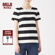 無(wú)印良品 MUJI 女式 印度棉天竺編織 圓領(lǐng)短袖T恤 黑色X橫條 S