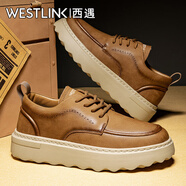 西遇（Westlink）男鞋秋季爆款2025新款低幫時(shí)尚潮鞋復古百搭男士休閑皮鞋子男款 土黃 單層 39 （標準運動(dòng)鞋尺碼）