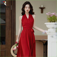 啄木鳥(niǎo)赫本紅裙港風(fēng)掛脖吊帶連衣裙高冷御姐風(fēng)氣質(zhì)女裝雪紡裙子女夏季 合S588紅色 L