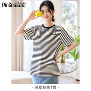 品彩（PinCai）短袖t恤女夏熊貓刺繡圓領(lǐng)條紋上衣寬松休閑打底衫 P143T1520