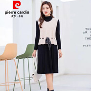 皮爾卡丹（pierre cardin）套裝女針織連衣裙兩件套秋冬裝2021年新款版氣質(zhì)毛衣打底裙連衣裙 米白連衣裙套裝（絲帶款） S