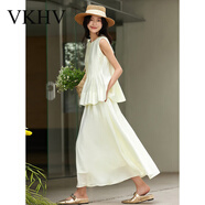 VKHV品牌時(shí)尚寬松裙子套裝女夏季2025年新款時(shí)尚無袖上衣半身裙兩件套 米色 M