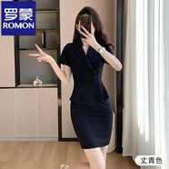 羅蒙西裝氣質(zhì)連衣裙女秋季新款裙子職業(yè)工裝珠寶店連身裙美容院工作服 藏青色短袖連衣裙【803款】  S
