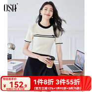 歐莎（OSA）拼接撞色圓領(lǐng)針織衫女氣質(zhì)顯瘦套頭衫2025年夏季新款T恤上衣薄款 米白色 M