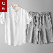 美特斯邦威（Meters Bonwe）夏季亞麻套裝男 純亞麻短袖T恤襯衫棉麻寬松休閑男裝兩件套短褲男 白色上衣+灰色短褲 M 80-95斤