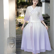 蒂默奇禪茶服女裝改良漢服民國(guó)風(fēng)漢元素漢連衣裙女新中式日常V領(lǐng)采耳藝 漸變紫一整套· 2XL 116-125斤參考
