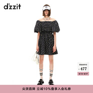 DZZIT地素春夏新款法式復(fù)古一字肩泡泡袖愛心鏈條滿印連衣裙3H2O5056T 深藍(lán)色 XS