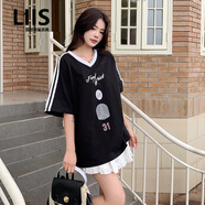 LIIS海外高端品牌大碼美式街頭短袖胖mmT恤夏季新款寬松百搭半袖上衣T 黑色拉條巴黎鐵塔T恤 L 大