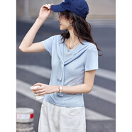 蘇醒的樂(lè )園韓系假兩件披肩設計感小個(gè)子修身顯瘦綁帶上衣短袖圓領(lǐng)T恤女 藍色 均碼