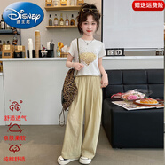 迪士尼（Disney）女童夏裝套裝2025新款中大童時尚休閑女童短袖山本薄褲夏季兩件套 愛心卡其色 【上衣+褲子】 160 尺碼13~14歲【150-160cm】