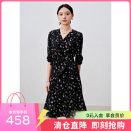 敦奴（DUNNU）dunnu敦奴2024夏季新款V領(lǐng)抽褶五分袖顯瘦印花連衣裙女 正黑色 L