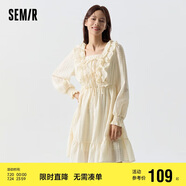 森馬連衣裙女荷葉邊蝴蝶結(jié)氛圍感優(yōu)雅方領(lǐng)裙子109124114003