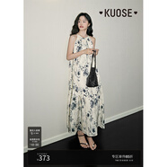 闊色（kuose）新中式水墨碎花掛脖連衣裙女春夏新款度假風(fēng)無(wú)袖吊帶裙子 花色 M