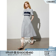 初語撞色條紋短袖polo裙女2024夏季新款復古減齡寬松連衣裙長裙 花灰色 M
