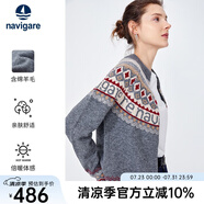 Navigare意大利小帆船復(fù)古羊毛衫女士秋冬款時尚保暖開衫費爾島圓領(lǐng)毛衣女 草灰/紅 XL