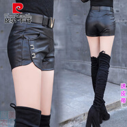 皮爾卡丹開(kāi)叉皮短褲女士秋冬新款高腰修身打底皮褲衩女外穿冬天皮褲頭靴褲 黑色送腰帶 S