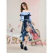 兩三事暮色詩(shī)行 2025夏季新款復古一字肩露肩條紋印花泡泡袖連衣裙 藍色-y L