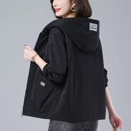 AEMAPE大碼連帽外套媽媽款女裝春秋薄款2025年新款寬松休閑夾克短款風(fēng)衣 黑色 常規(guī) M _建議110-120斤