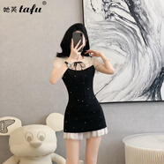 她芙（tafu）品牌女裝短袖連衣裙女2025夏季新款設(shè)計(jì)感釘珠蝴蝶結(jié)娃娃領(lǐng)氣質(zhì) 黑色 M