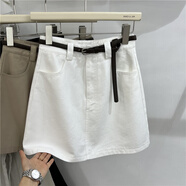 書(shū)與茶歐貨牛仔工裝半身裙女夏季大碼胖mm高腰顯瘦百搭休閑a字包臀短裙 白色(送腰帶) M 【90-115斤】